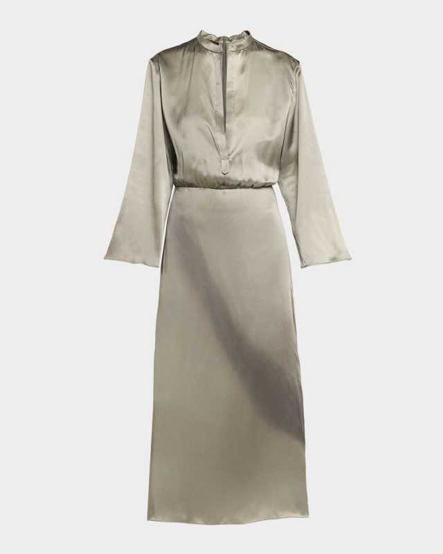 Ombre Print Silk Long-Sleeve Midi Dress